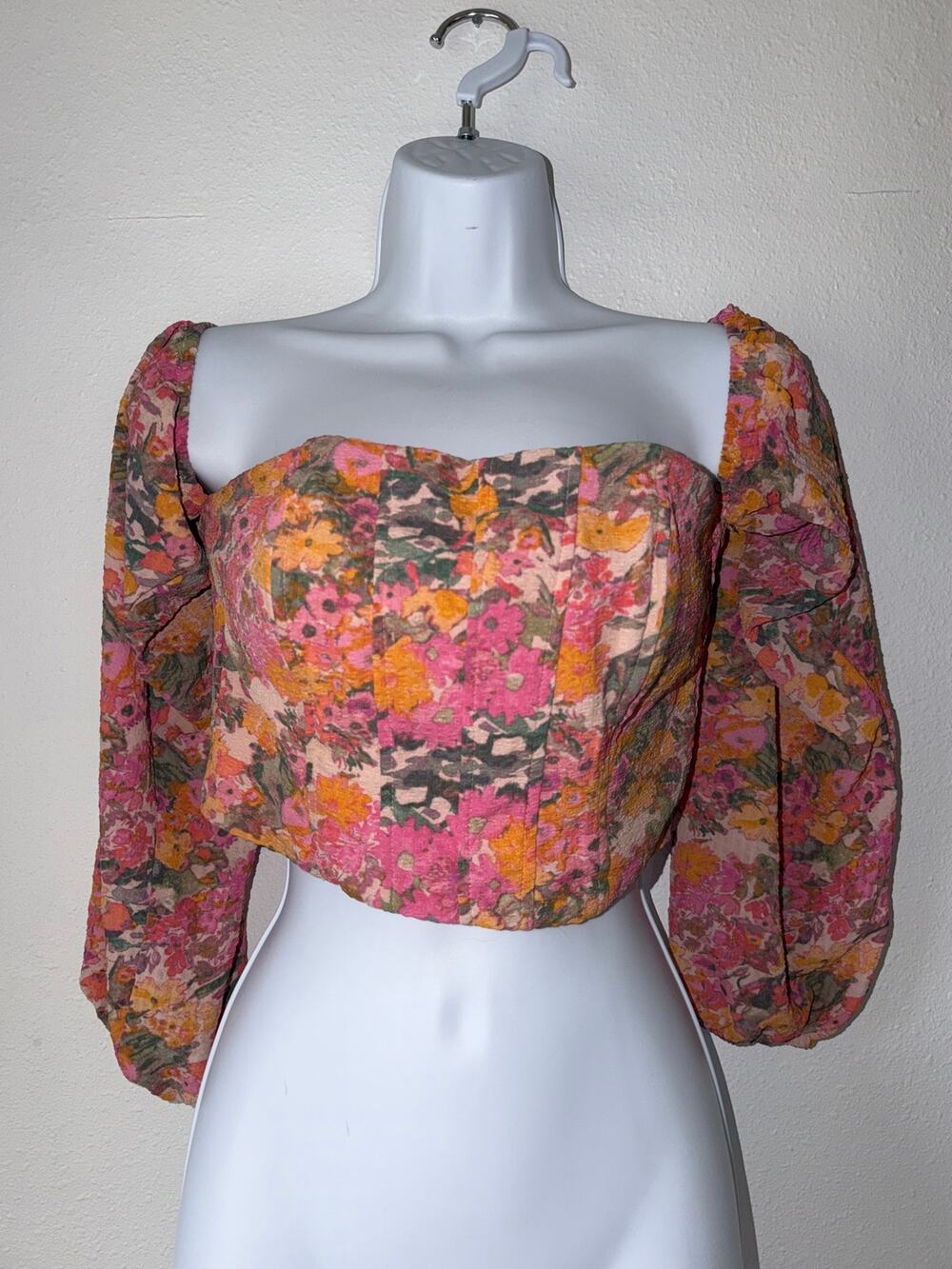Pink Colorful Floral Off Shoulder Long SleeveBoho Balletcore Sweetheart Cropped